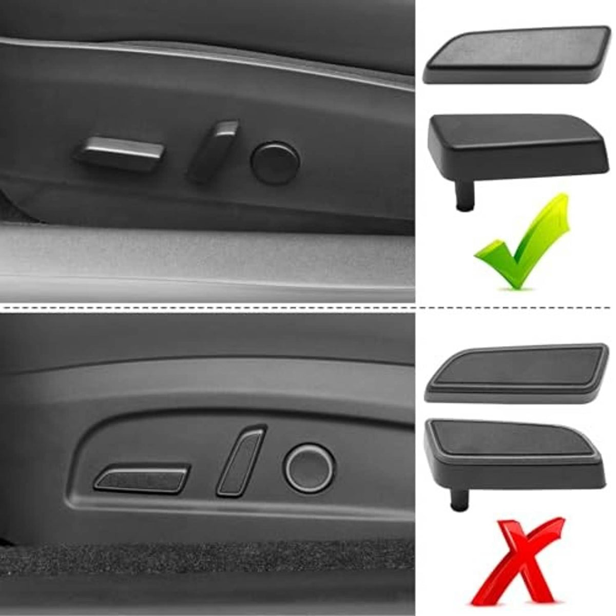 Two black seat adjustment button covers on a car seat control panel