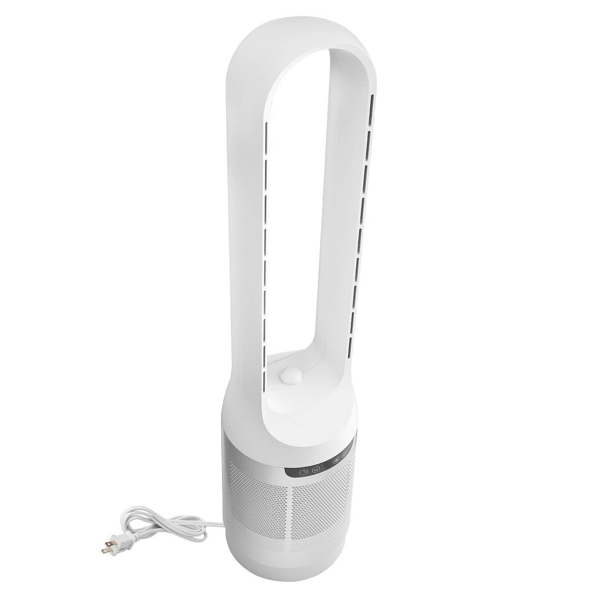 White bladeless tower fan angled view with air outlet frame and power cord
