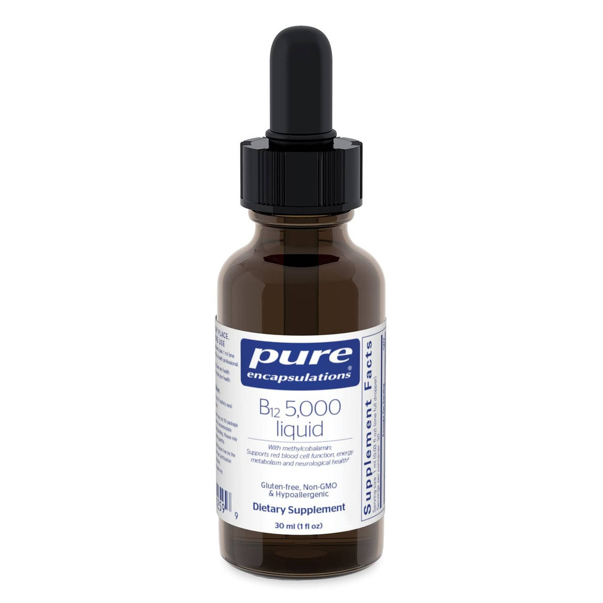 Vitamin B12 liquid bottle with black dropper, brown glass, Pure Encapsulations label