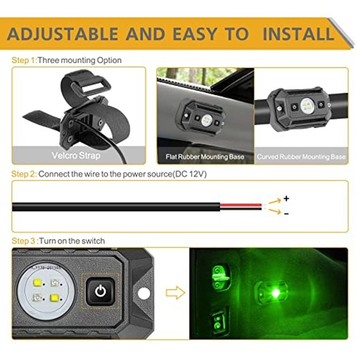 UTV dome light install view with velcro strap, mounting bases, and switch controls