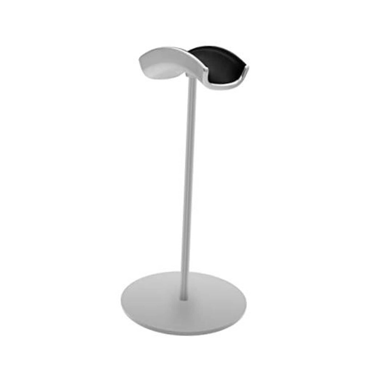 Silver metal headphone stand with circular base and upright pole for gray/black headphones