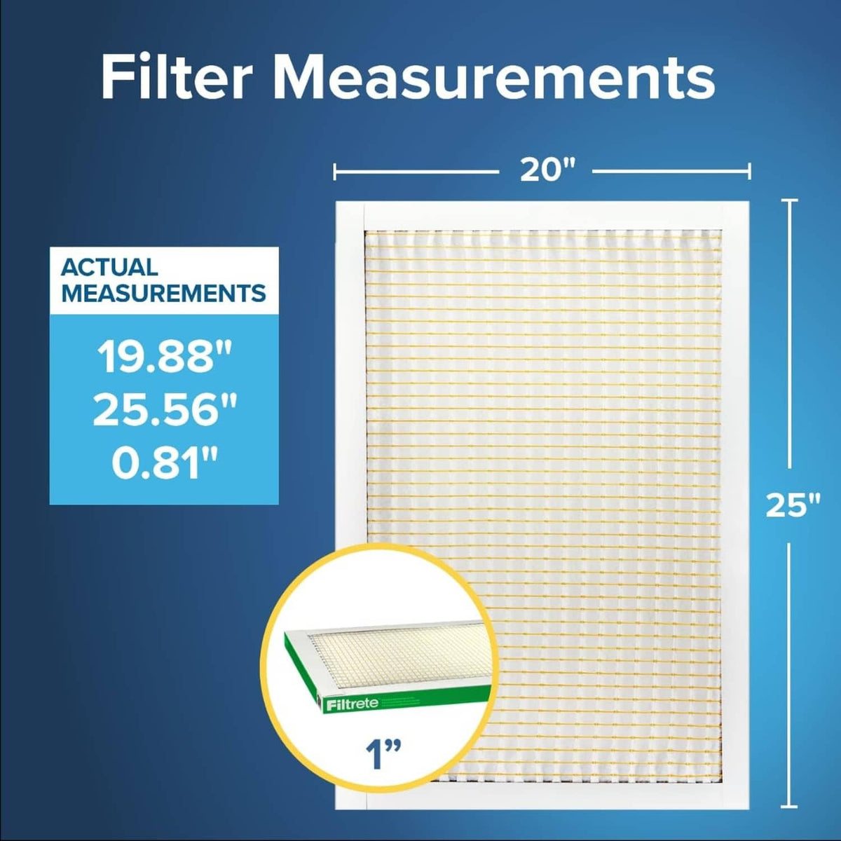 White pleated air filter showing 20 x 25 x 1 inch measurements
