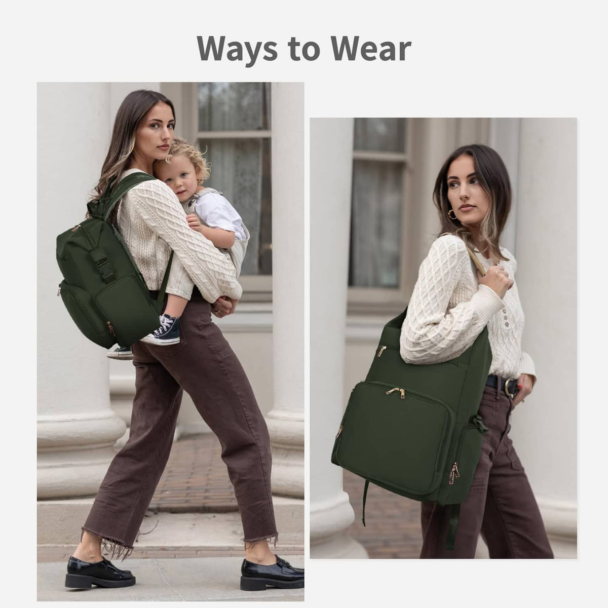 Green diaper bag backpack worn on both shoulders with zip front pocket and top handle.