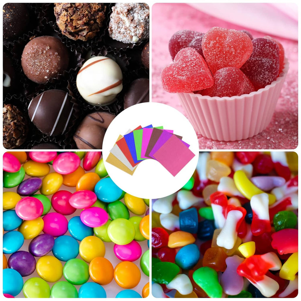 Colorful candy collage with foil-wrapped candies icon on a white circle