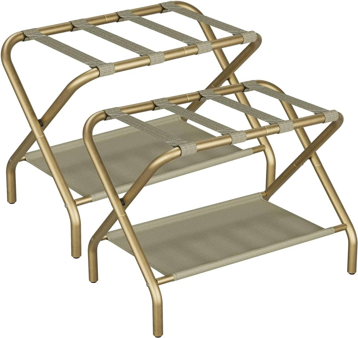 Foldable luggage rack with stacked two-tier fabric shelves, gold frame and gray fabric panels.