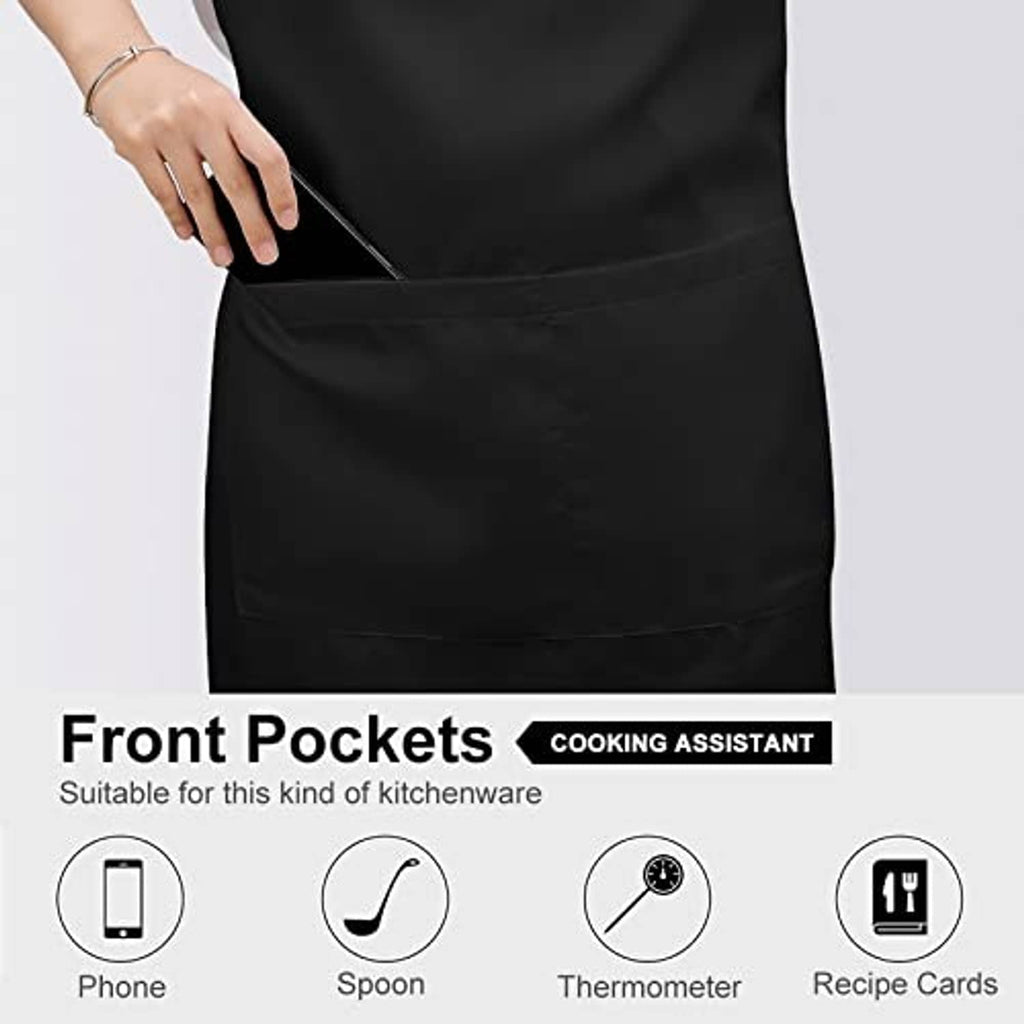 Black apron with front pocket, plain panel and adjustable neck strap