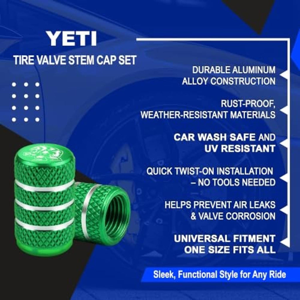 Stacked green Yeti tire valve stem caps, one cap with exposed threaded opening.