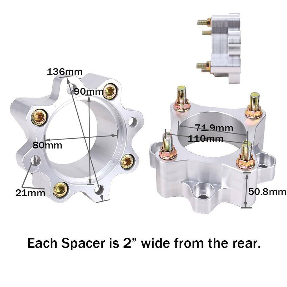 Wheel spacer pair, silver aluminum with bolt holes and gold insert fasteners