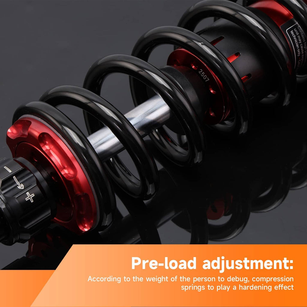 Red and black front suspension shock absorber with coil spring and adjust section