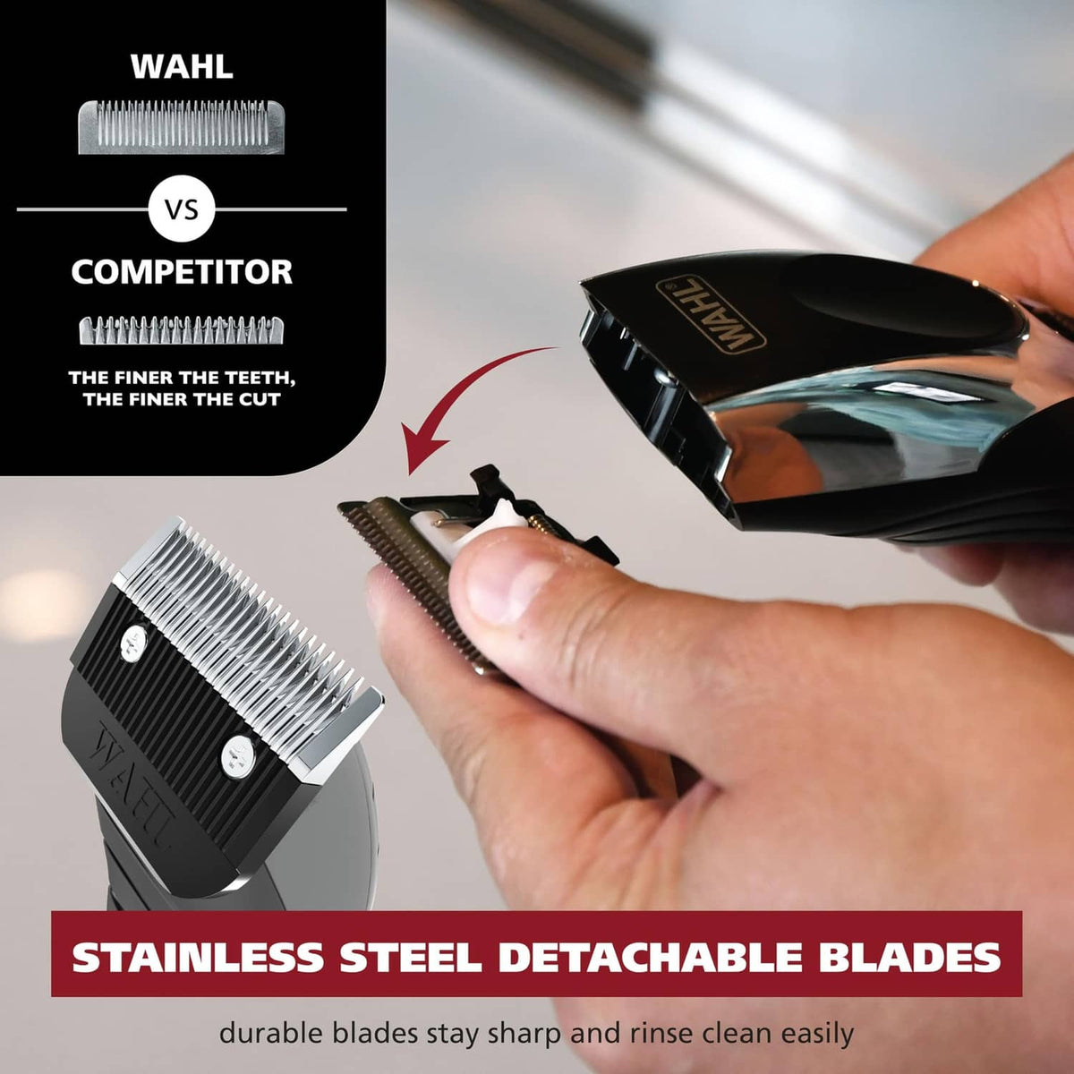 Cordless hair clipper with comparison of detachable blades design