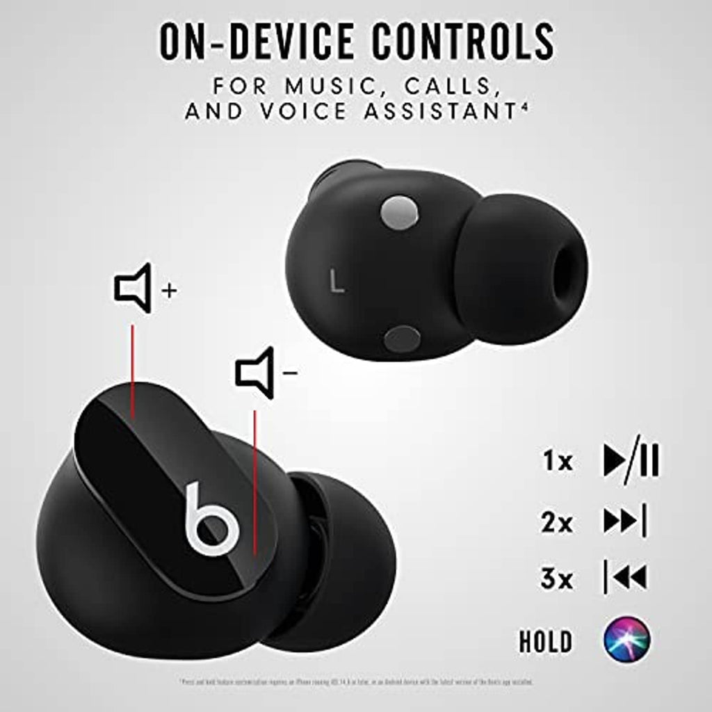 Black true wireless earbuds close-up with touch control areas and b logo on each earbud
