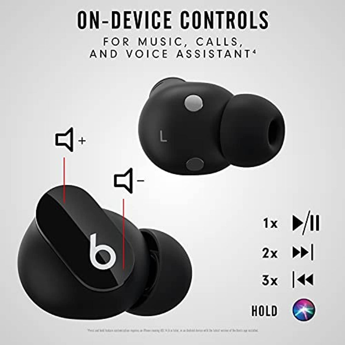 Black true wireless earbuds close-up with touch control areas and b logo on each earbud