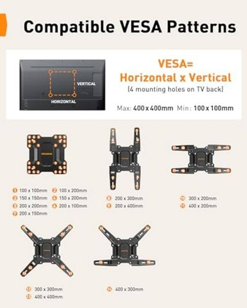 Full-motion TV wall mount bracket showing VESA horizontal/vertical patterns up to 400x400