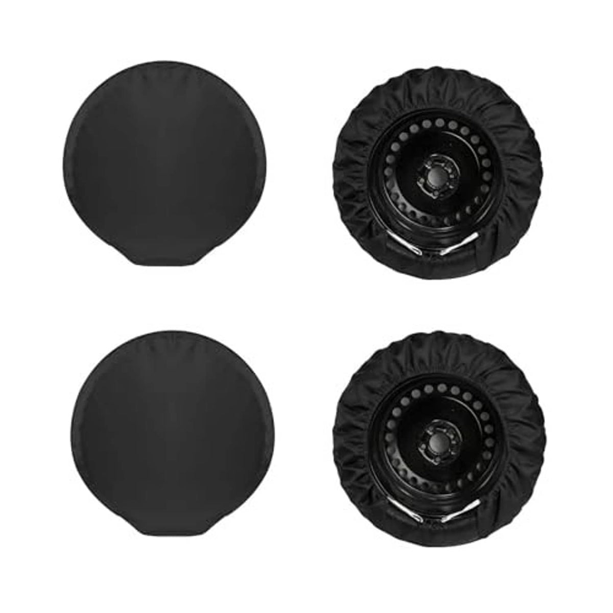 Set of four black RV spare tire covers, round design with wheel hub opening