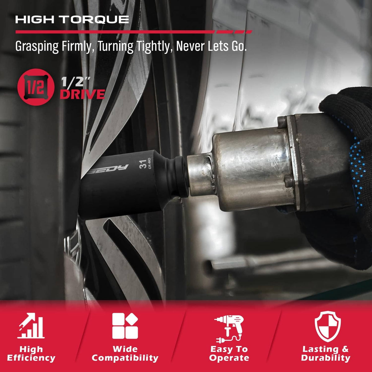 1/2 drive deep impact socket gripping a wheel nut on a vehicle rim