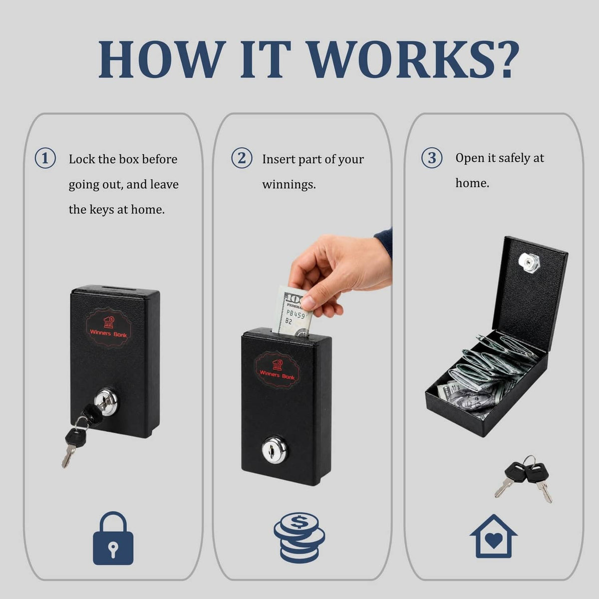 Black metal money box with key lock, shown with keys and open lid