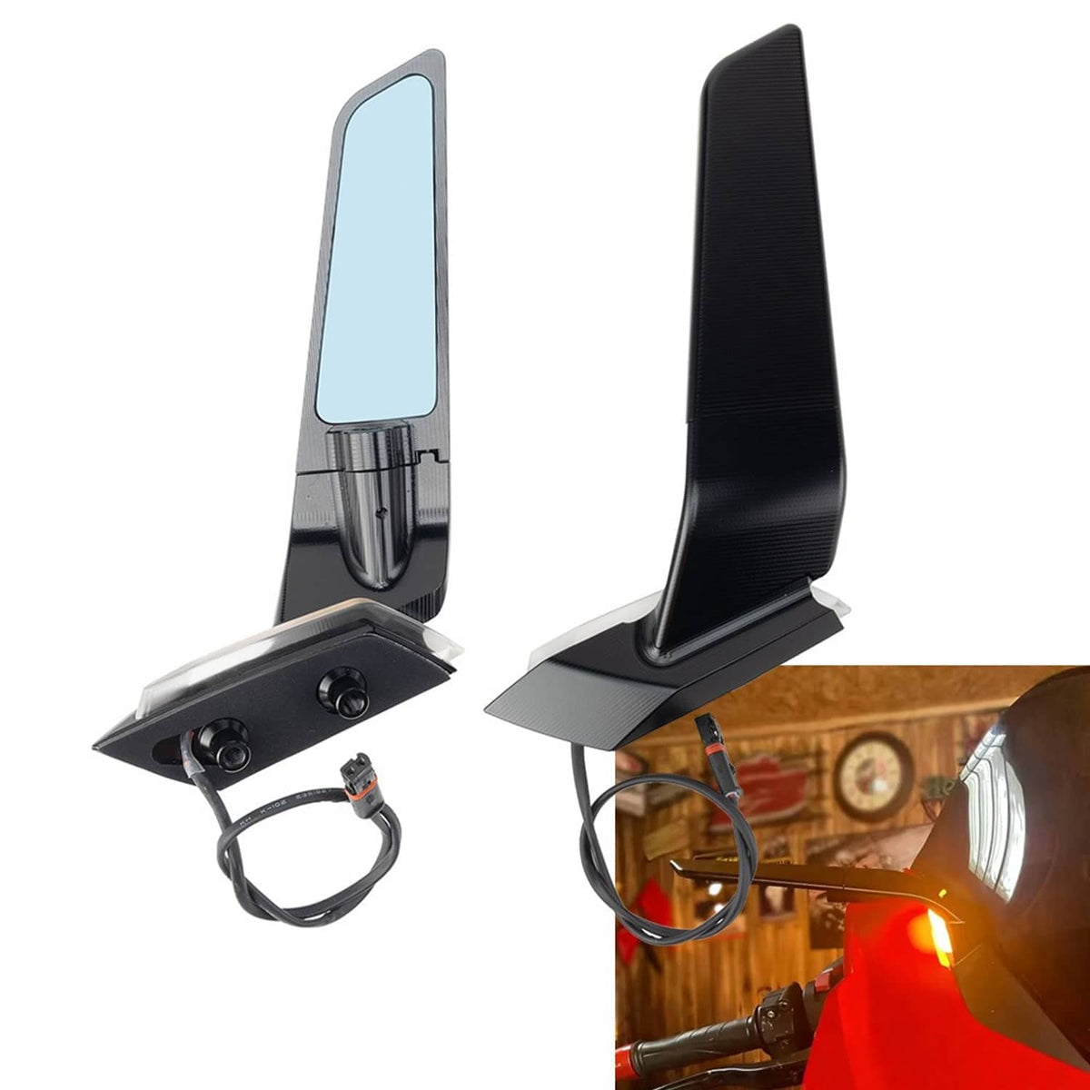 Pair of adjustable motorcycle side mirrors with black mounts; one has light blue glass