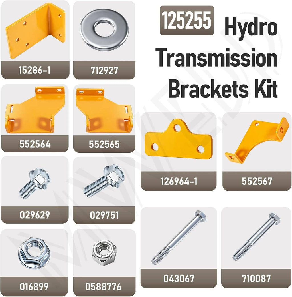 Yellow hydro transmission brackets kit with multiple curved brackets, bolts, and washers