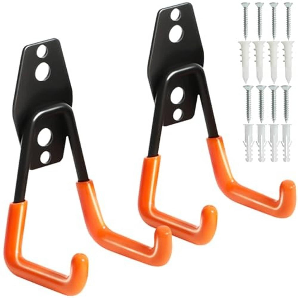 Set of wall hooks with black metal plates, oval mounting holes, and orange rubber grips