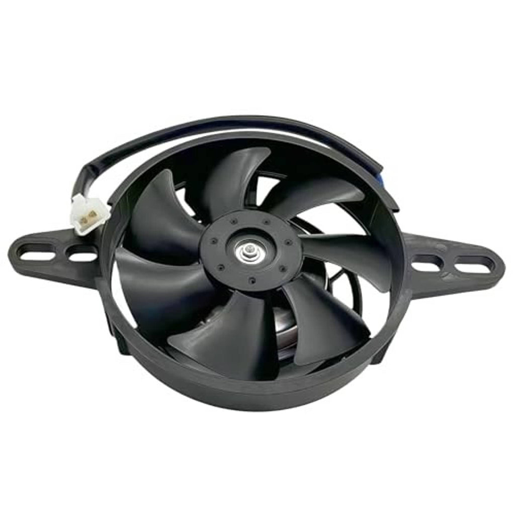 Black 12V DC radiator cooling fan with five blades, circular hub, and side mounting bars.