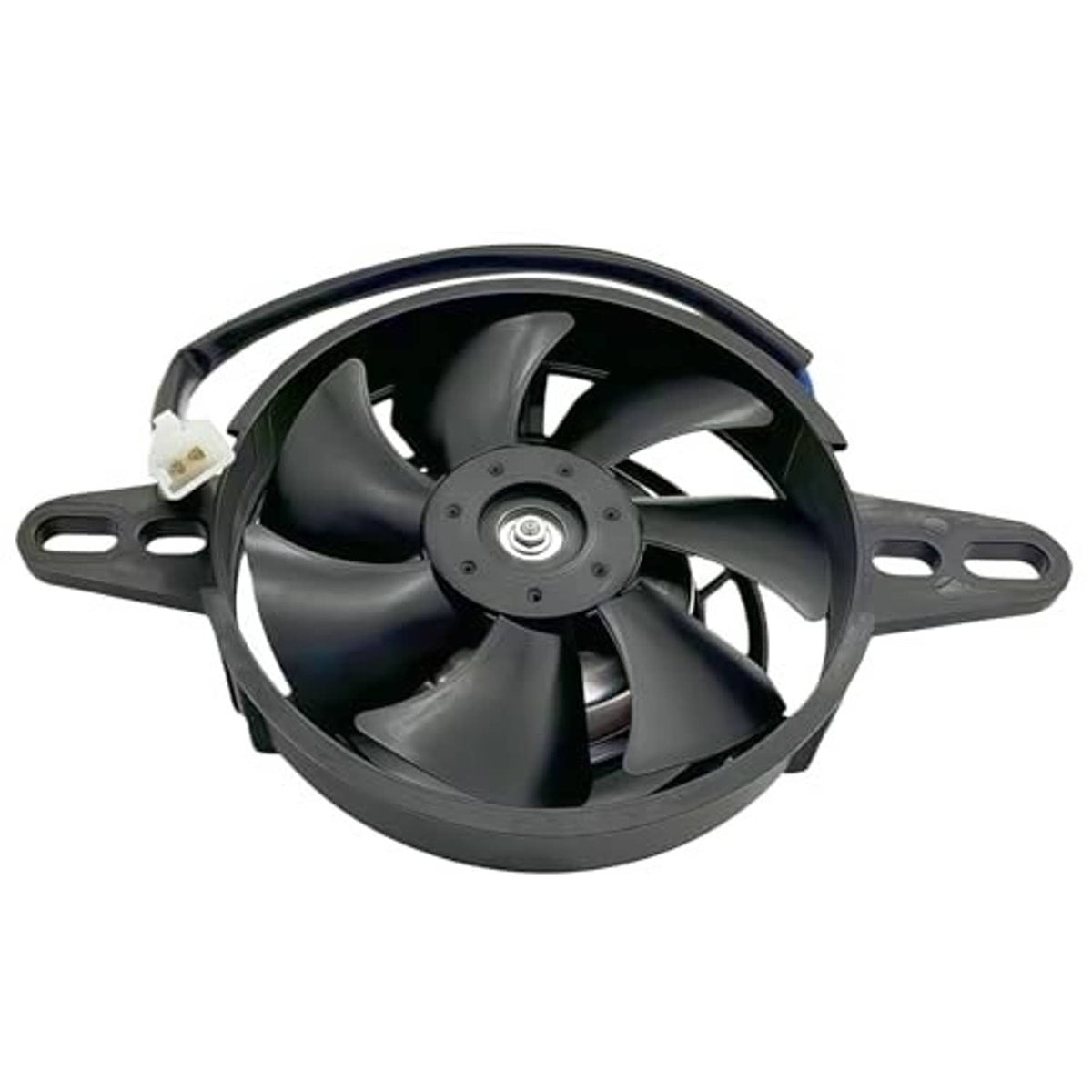 Black 12V DC radiator cooling fan with five blades, circular hub, and side mounting bars.