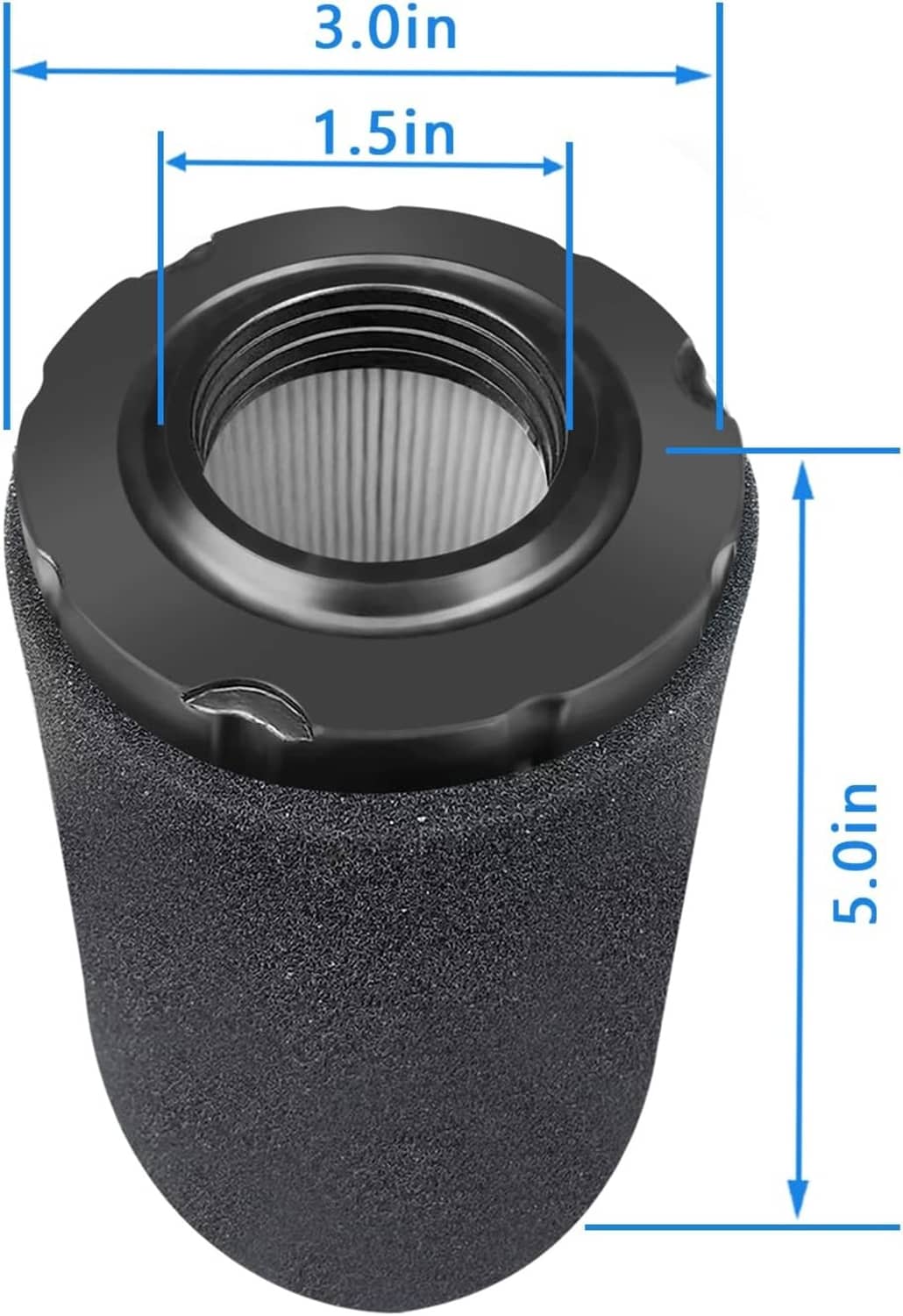 Foam air filter pre-cleaner dimensions: 3.0 in top, 5.0 in height