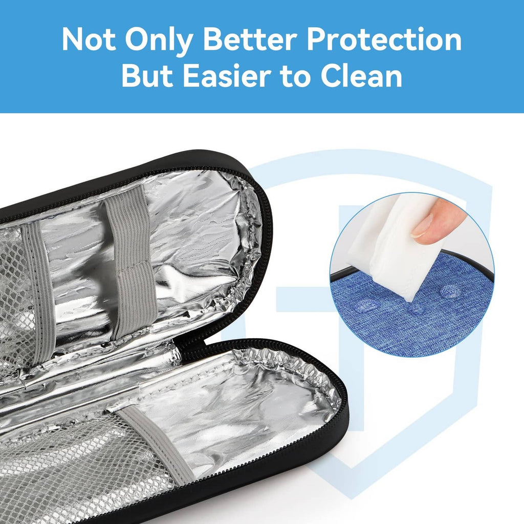 Open blue cooler case with reflective lining, wipe-clean inner surface and zipper top.