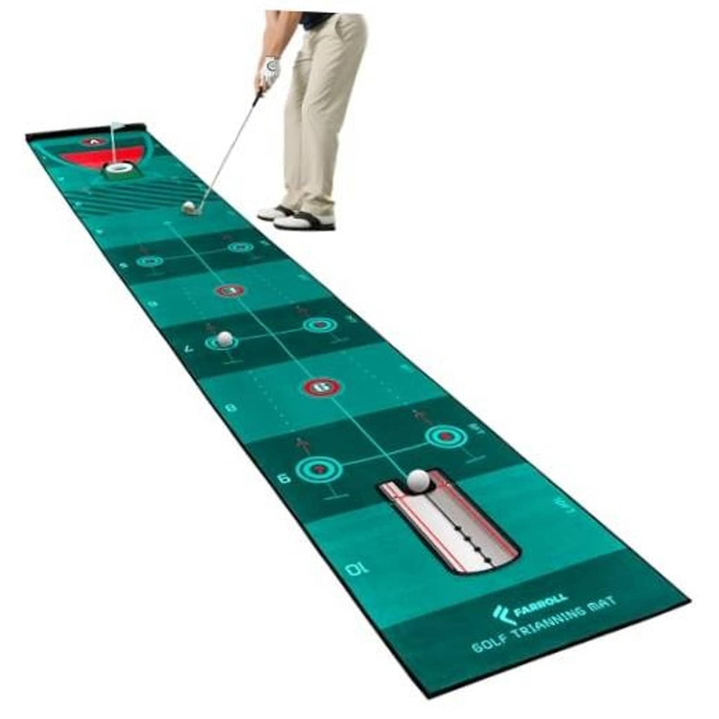 Green golf putting training mat with alignment holes and target circles for practice