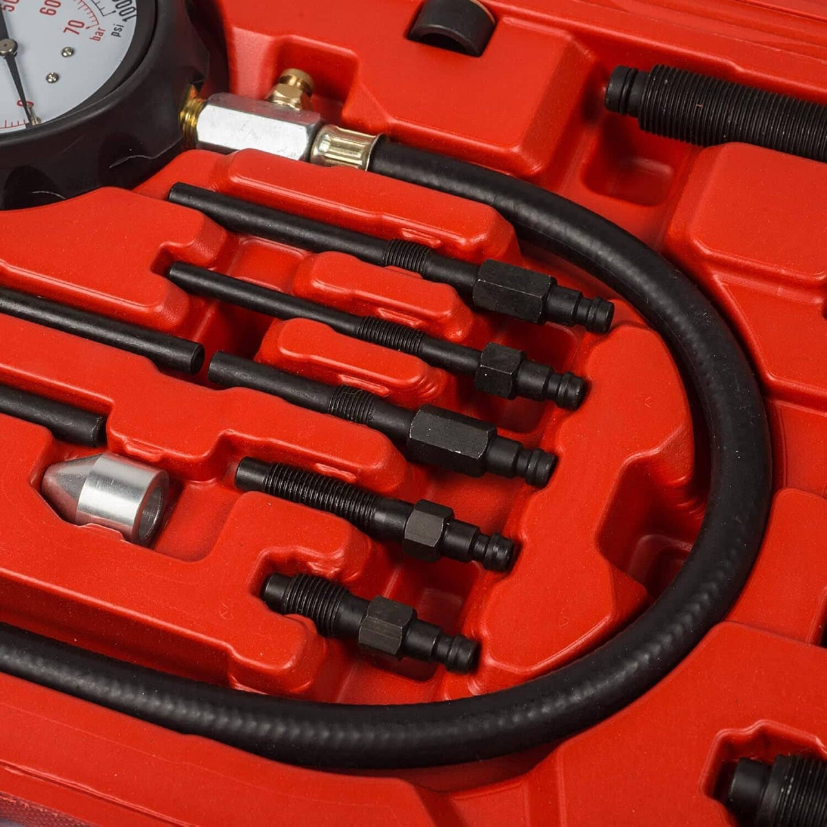 Compression tester adapter set with black hoses and threaded nozzles in red case insert