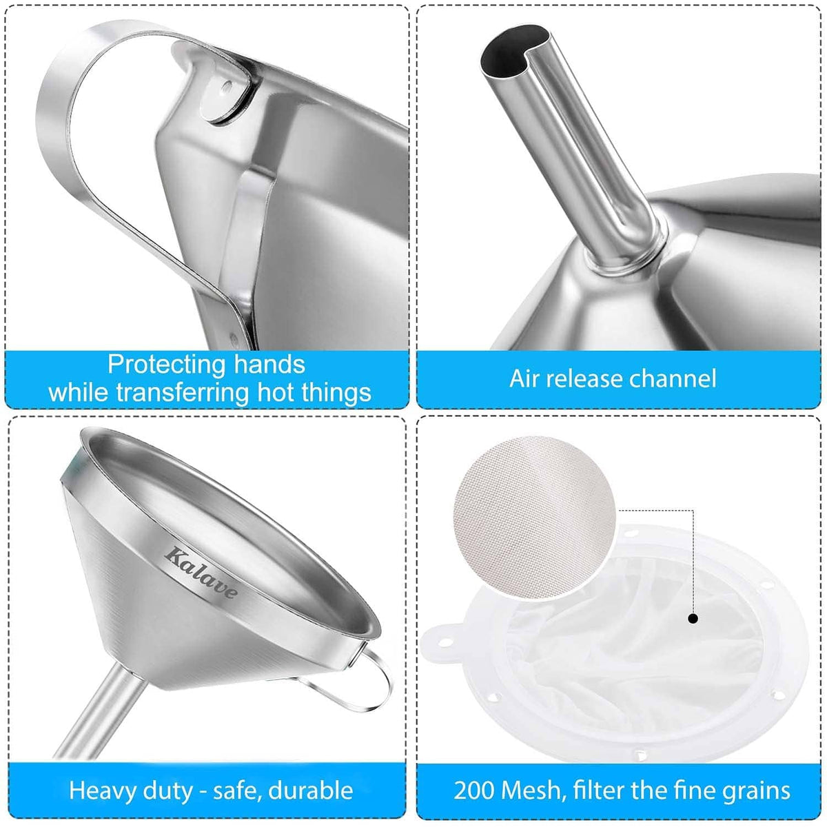 Stainless steel funnel with spout, filter mesh, and protective rim design
