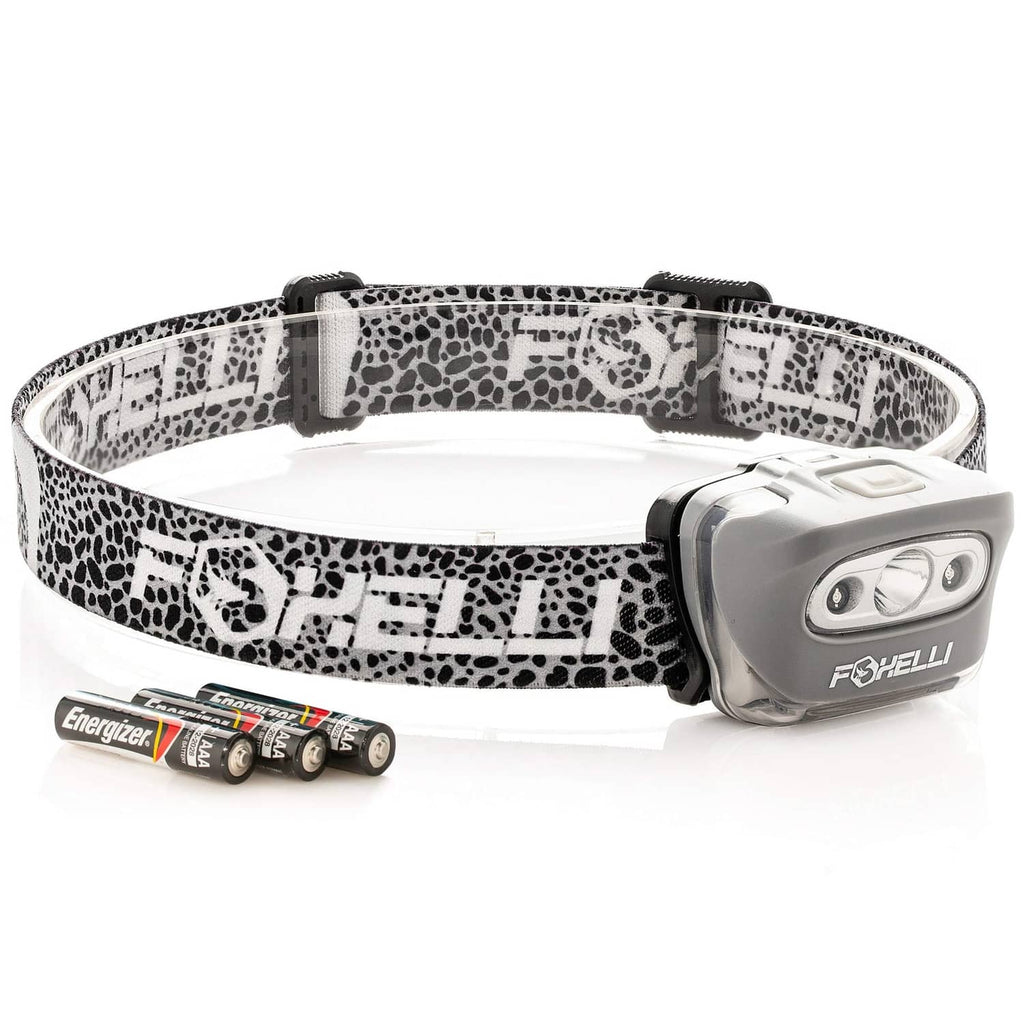 Foxelli LED headlamp with spotted fabric headband and silver front module