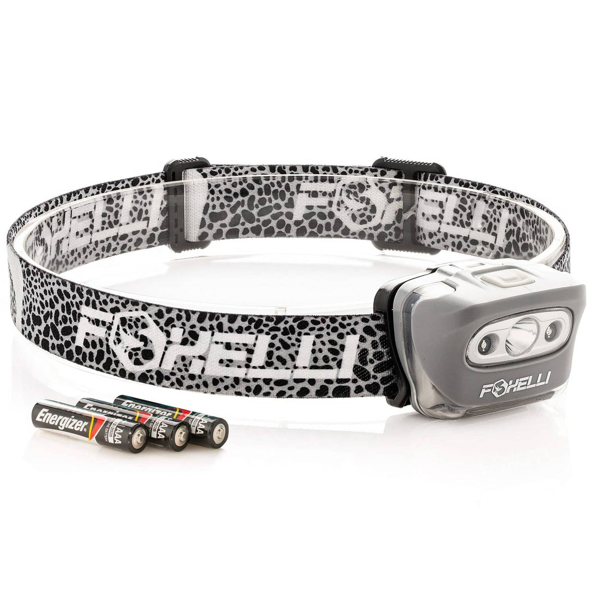 Foxelli LED headlamp with spotted fabric headband and silver front module