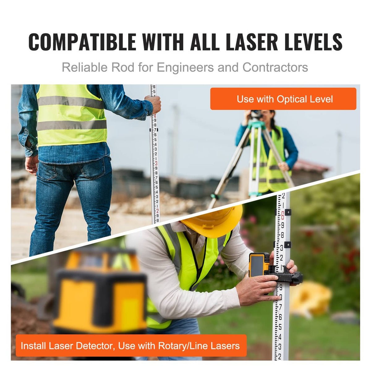 Telescopic measuring rod with vertical scale for laser level use