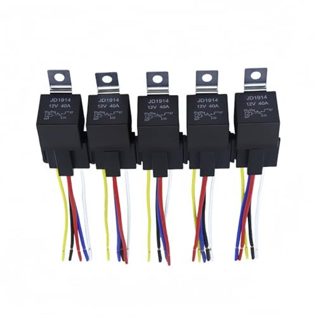 Five black automotive relays with multi-color wire harnesses and mounting tabs