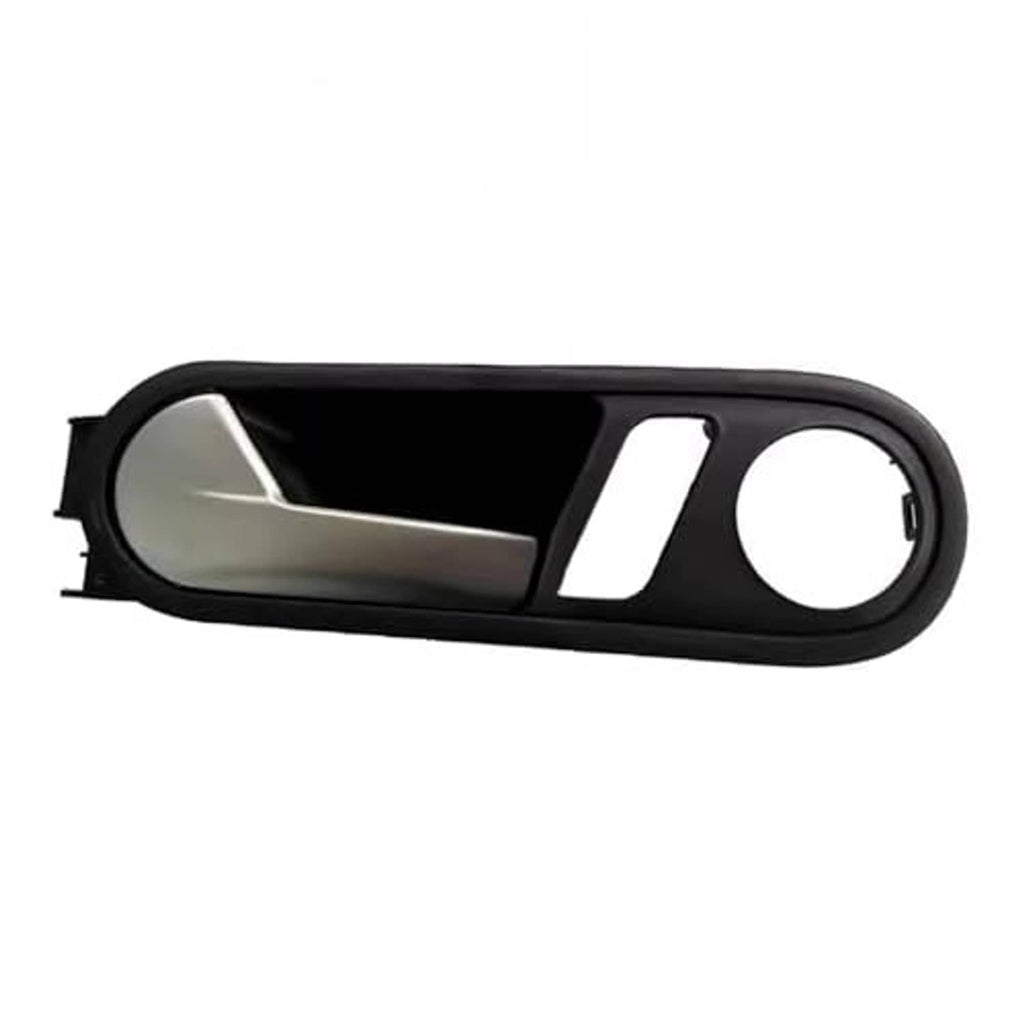 Interior left driver door handle cover with black frame, beige panel, and oval opening