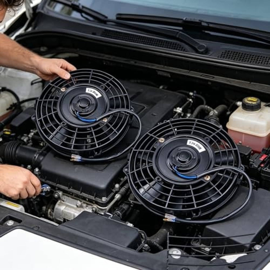 Close-up of two black radiator cooling fans mounted on a car engine radiator