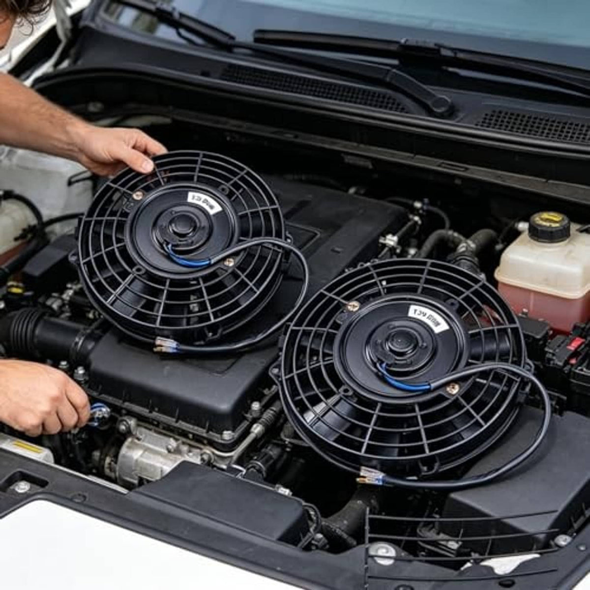 Close-up of two black radiator cooling fans mounted on a car engine radiator