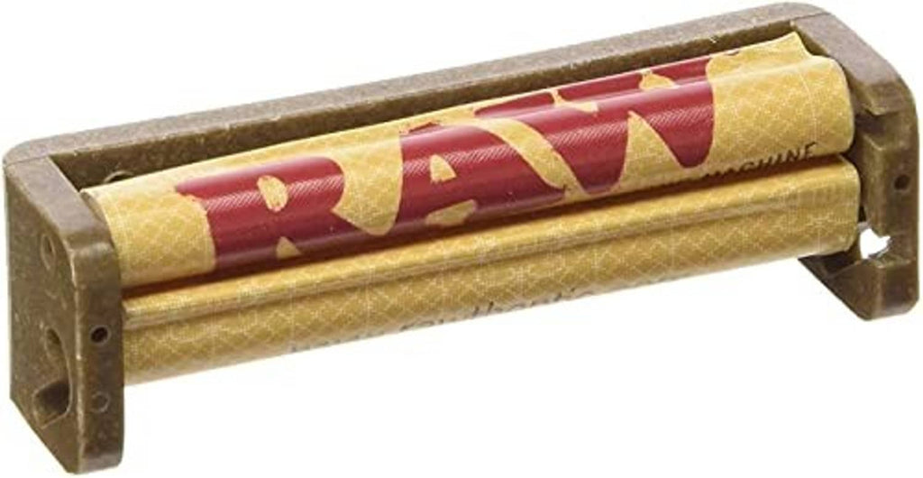 RAW hemp plastic cigarette rolling machine, close-up of rolling cylinder with red RAW print