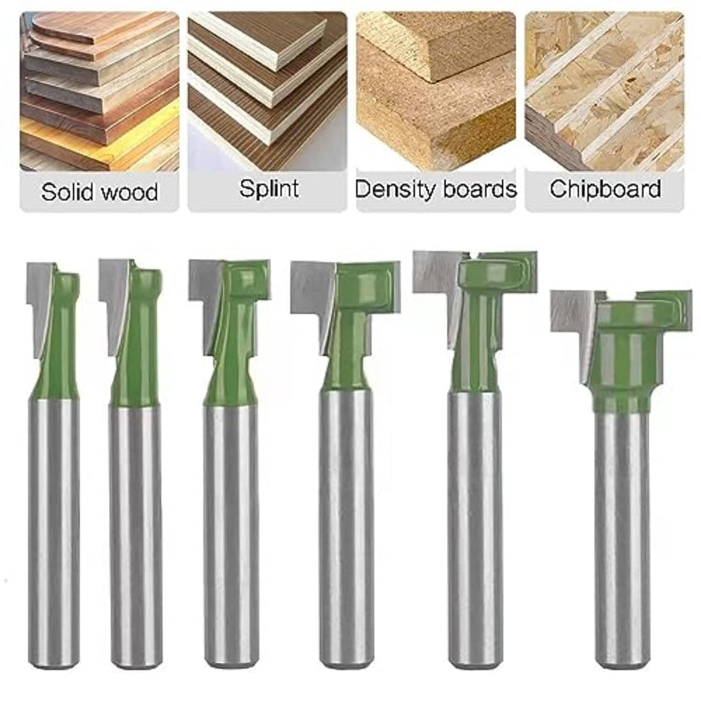 Six keyhole router bits with green cutter heads and silver shanks, staggered arrangement