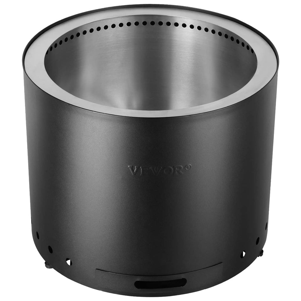 Smokeless fire pit stove with stainless steel burn bowl and black steel body, side vents