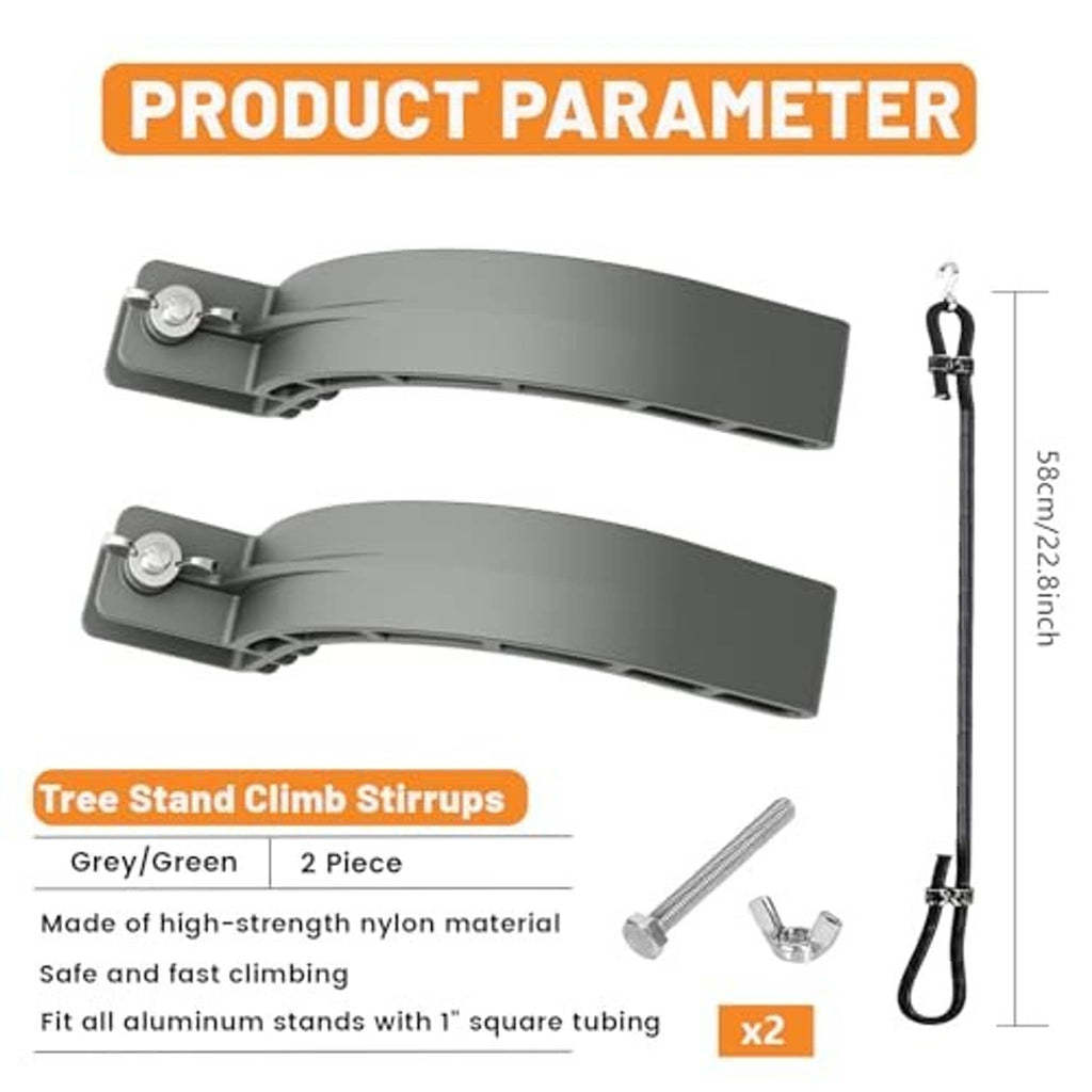 Grey two-piece tree stand climb stirrups with mounting hardware and bungee cord