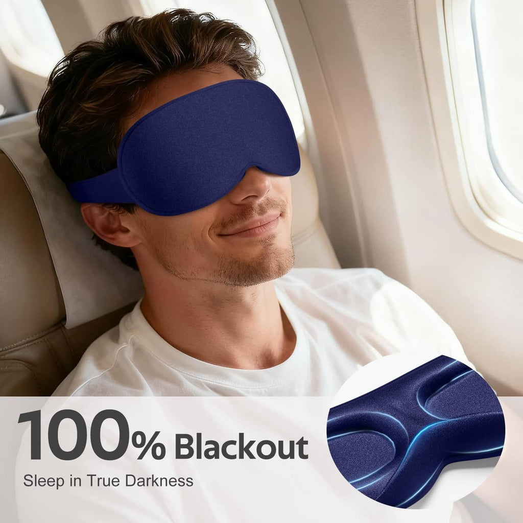Blue sleep mask with soft, full-coverage eye area for resting in low light