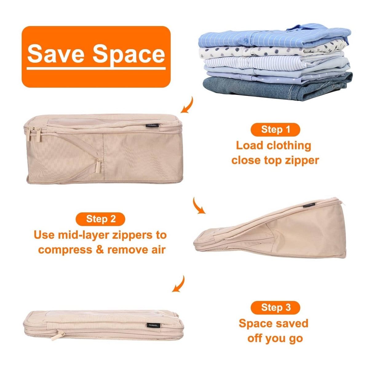 Beige compression packing cube with mesh panel and multiple zip sections