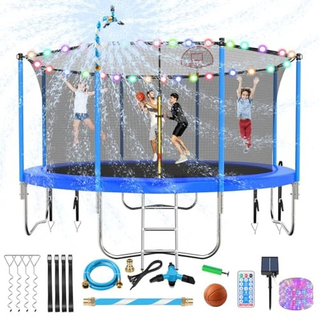 Blue outdoor trampoline with black enclosure net and included sports accessory kit