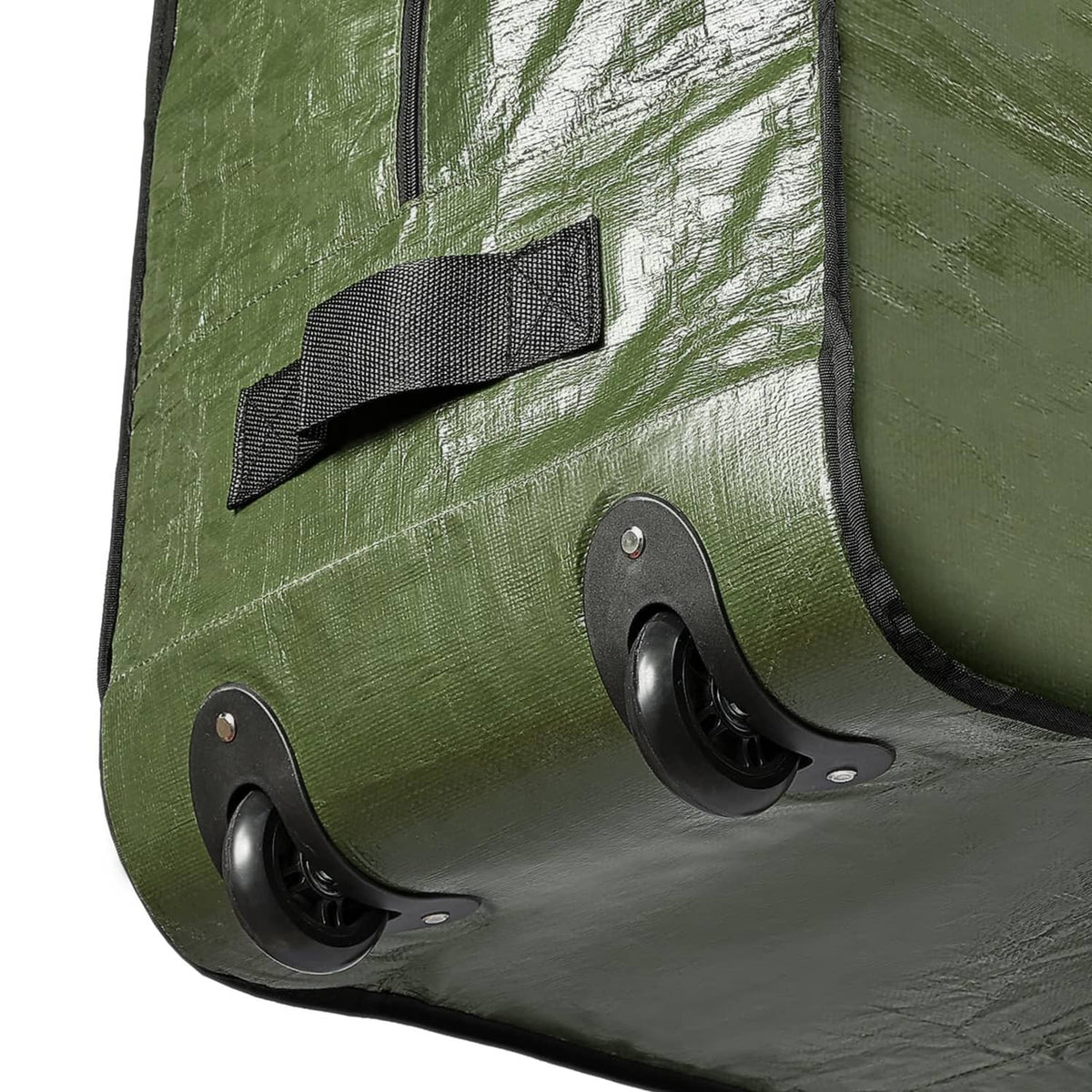 Green tree storage bag end view with fabric handle and caster wheels