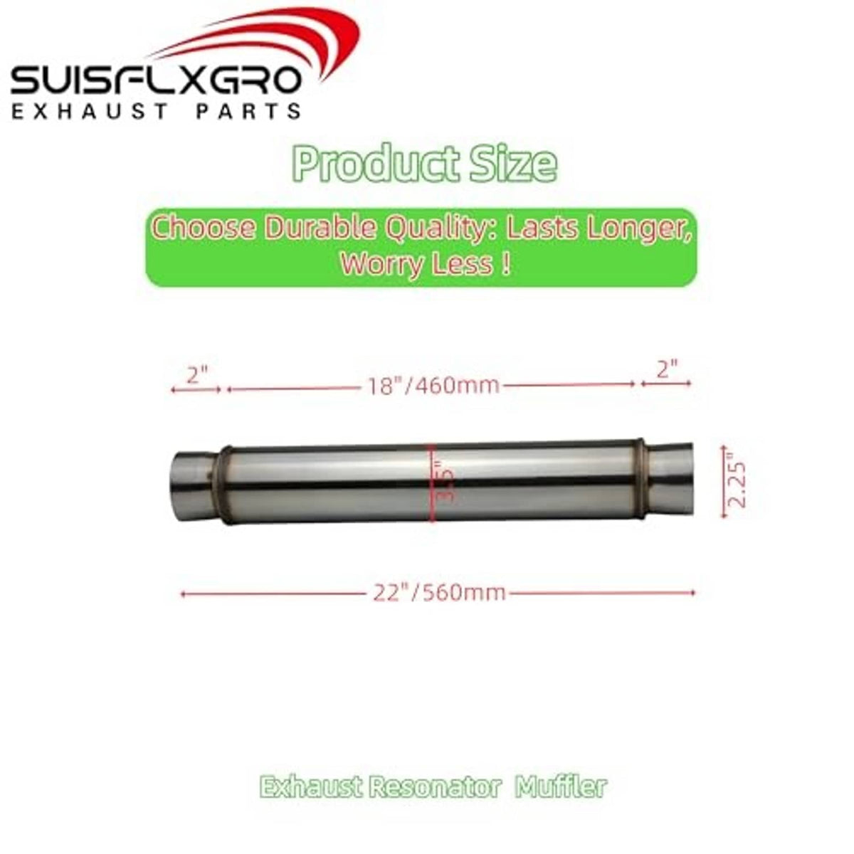 Exhaust resonator muffler size diagram with overall length and diameter measurements