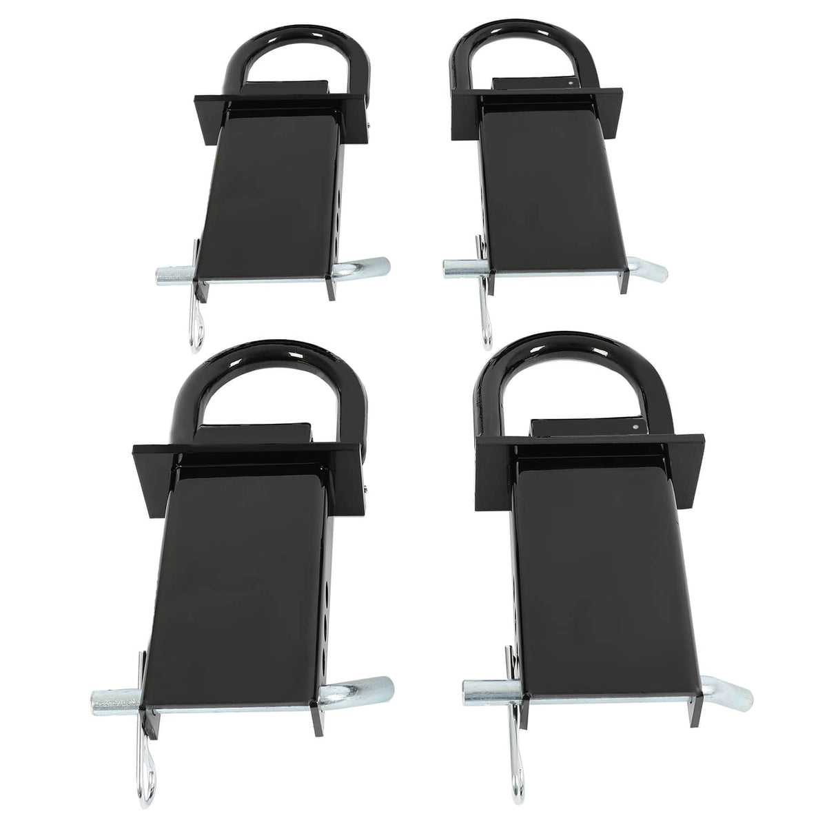 Set of four black trailer stake pocket D-ring mounts with U-bolts and bracket plates