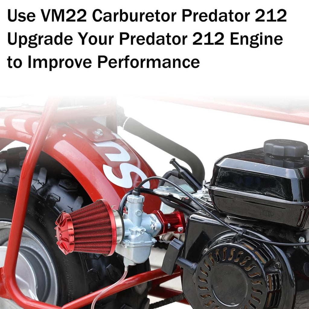 VM22 stage 2 kit with red air filter and silver carburetor mounted on mini bike engine