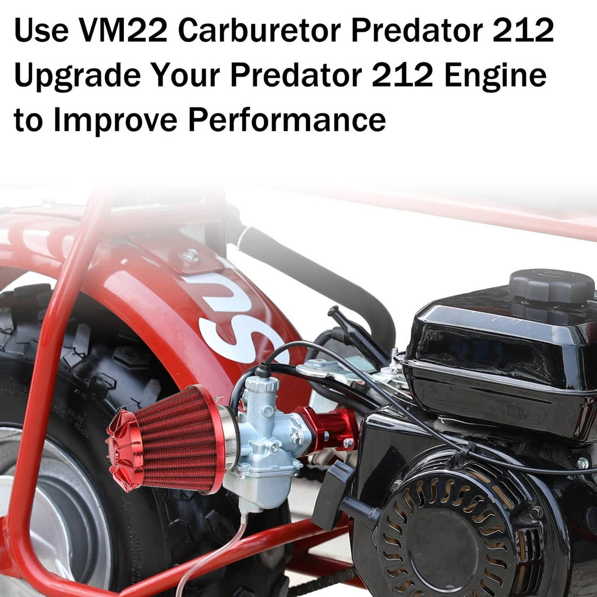 VM22 stage 2 kit with red air filter and silver carburetor mounted on mini bike engine