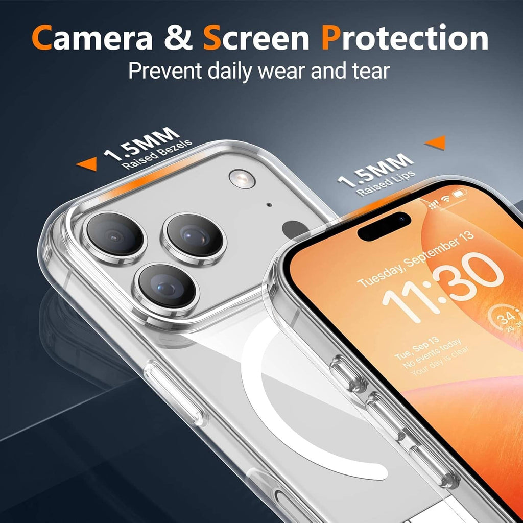 Clear iPhone case with raised camera guards and front protection for daily use